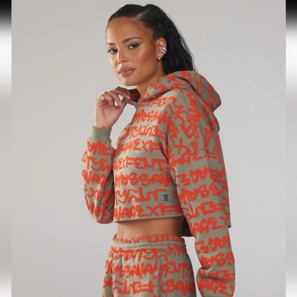 SavageXFenty Orange and Grayish Women's Cropped Hoodie XL